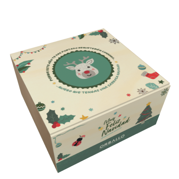 Pack navidad de Orballo. Una caja de madera con unos separadores para presentar tus infusiones. 3 estuches diferentes que incluyen la infusión de navidad y una taza